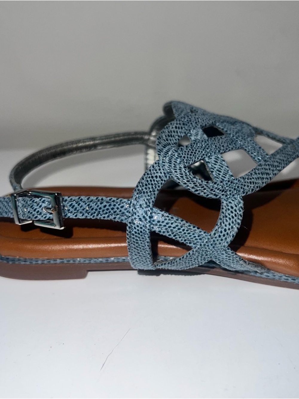 Kelly & Katie Woven Strap Women's Flat Sandals in Light Blue and Brown - Picture 5 of 13